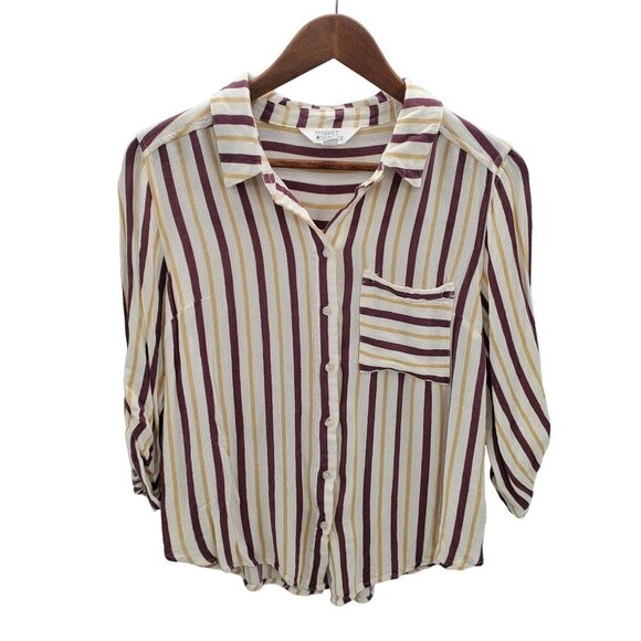 Market & Spruce Womens Striped Button Up Blouse Top Sz M Roll Tab Sleeve Pocket - Picture 1 of 8
